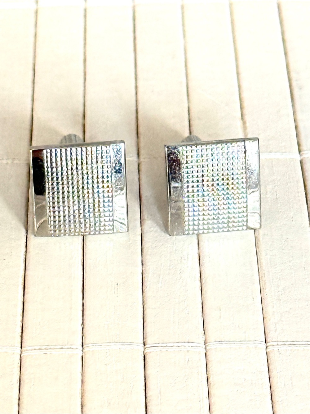 Vintage Silver Tone Rectangular Cufflinks Cuff Links Grid Pattern Men’s Dress